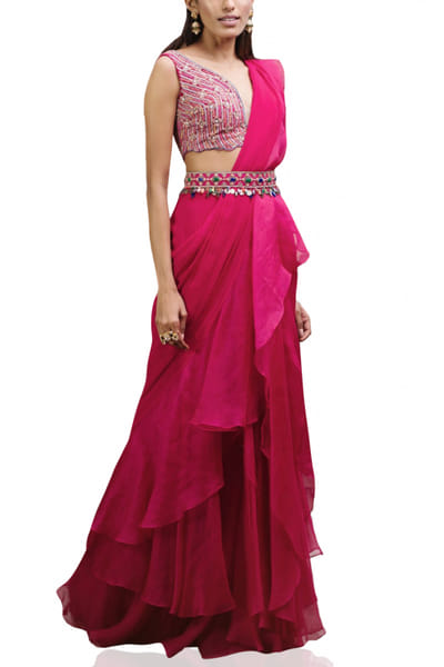 Fuchsia pink ruffle sari