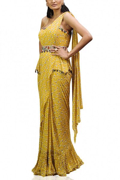 Yellow printed sari gown