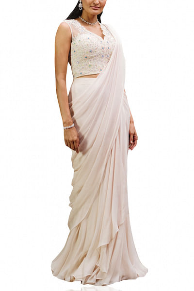 White embroidered draped sari