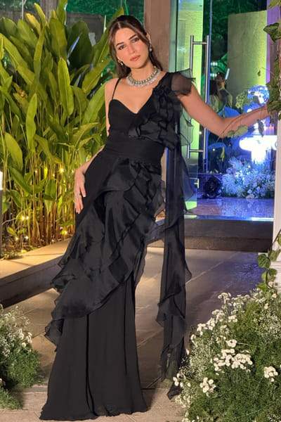 Ridhi Mehra Black ruffle sari gown RMHJAN24DP108