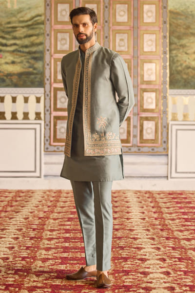 Sage green embroidered silk bandi set