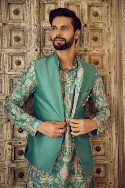 Green chanderi bandi set