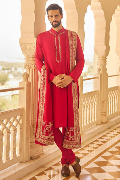 Red embroidered kurta set