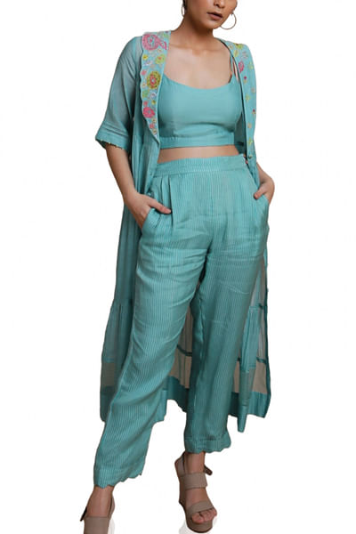 Powder blue embroidered jacket set