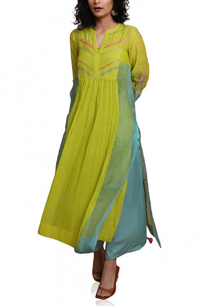 Yellow and blue colourblocked kurta set