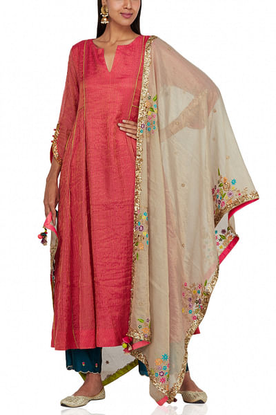 Pink and ivory embroidered kurta set