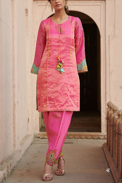 Pink tissue silk kurta set