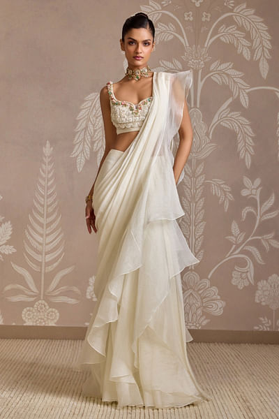 Ivory pre-draped ruffle sari set