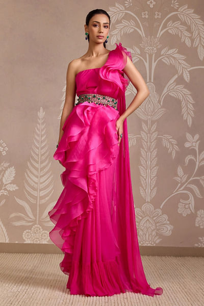 Bright fucshia ruffled sari gown with belt