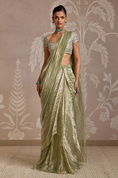 Mint gold pre-draped sari set