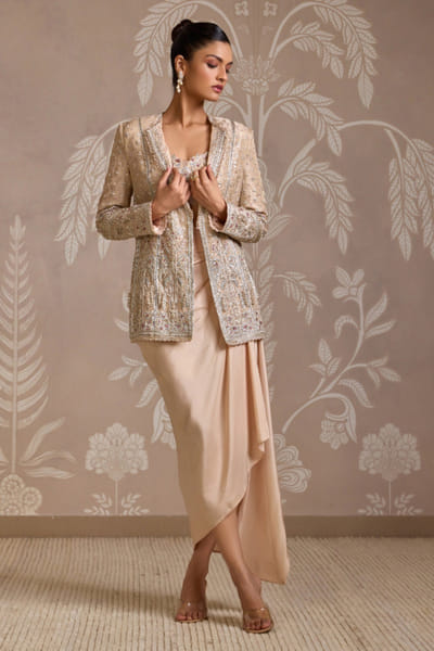 Ridhi Mehra Gunmetal embroidery jacket drape skirt set RIDAPR25D124077
