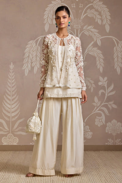 Ivory floral embroidered jacket and kurta set