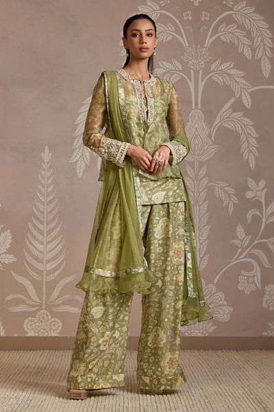 Mint printed and embroidered jacket kurta set
