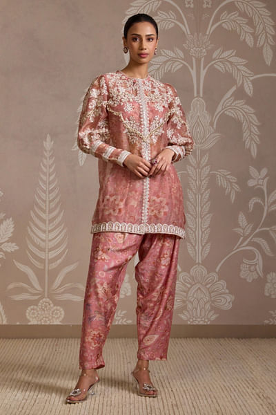 Coral floral printed and embroidered kurta set