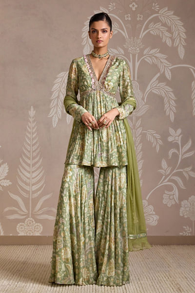 Mint floral printed anarkali and gharara set