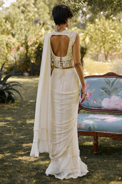 Ridhi Mehra Ivory pearl embroidered draped sari set RIDHJUL26D150231