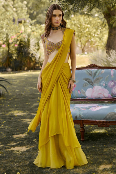 Ridhi Mehra Yellow chiffon pre-draped sari set RIDHJUL26D150232