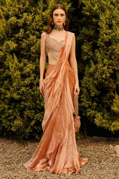 Ridhi Mehra Pink tissue draped sari set RIDHJUL26D150233