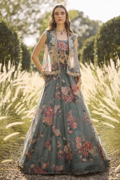Ridhi Mehra Sage green print embroidered lehenga set RIDHJUL26D150212