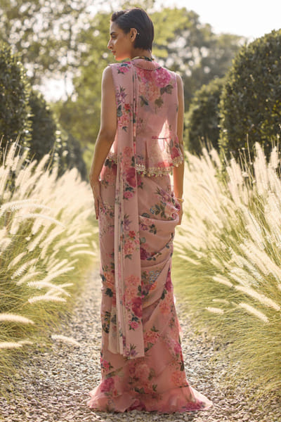 Ridhi Mehra Dusky pink print embroidered drape sari set RIDHJUL26D150218