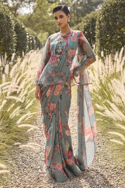 Ridhi Mehra Green floral print embroidered drape sari set RIDHJUL26D150219