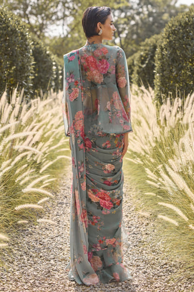 Ridhi Mehra Green floral print embroidered drape sari set RIDHJUL26D150219