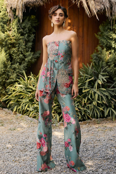 Ridhi Mehra Sage green floral printed co-ord set RIDHJUL26D150221