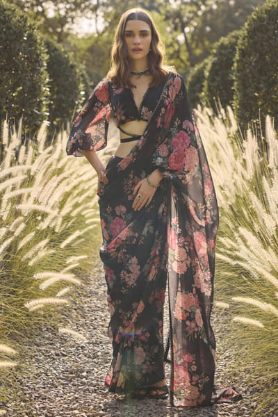 Ridhi Mehra Black floral printed drape sari set RIDHJUL26D150223