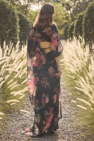 Ridhi Mehra Black floral printed drape sari set RIDHJUL26D150223