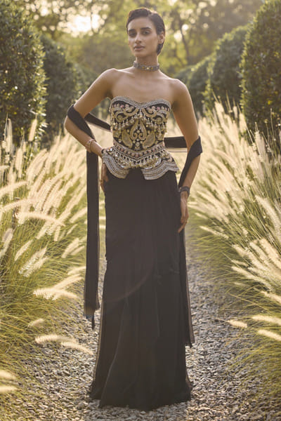 Ridhi Mehra Black embroidered corset and draped sari set RIDHJUL26D150224