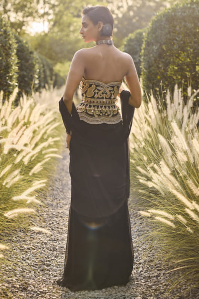 Ridhi Mehra Black embroidered corset and draped sari set RIDHJUL26D150224