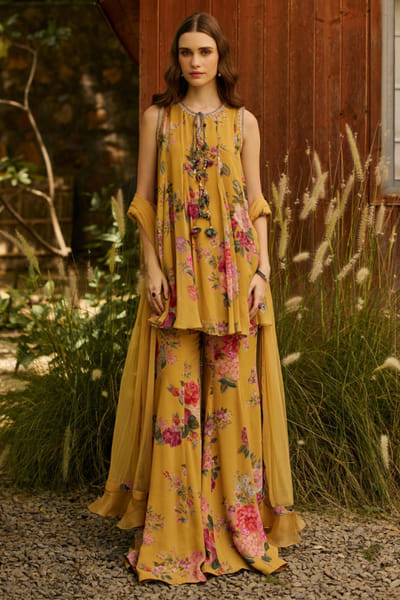 Ridhi Mehra Yellow print embroidered kurta gharara set RIDHJUL26D150225