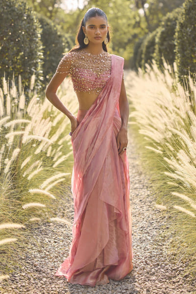 Ridhi Mehra Pink tissue pre-draped sari set RIDHJUL26D150230