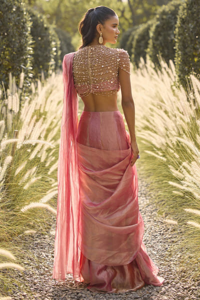 Ridhi Mehra Pink tissue pre-draped sari set RIDHJUL26D150230