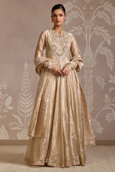 Gunmetal gold floral embroidered anarkali set