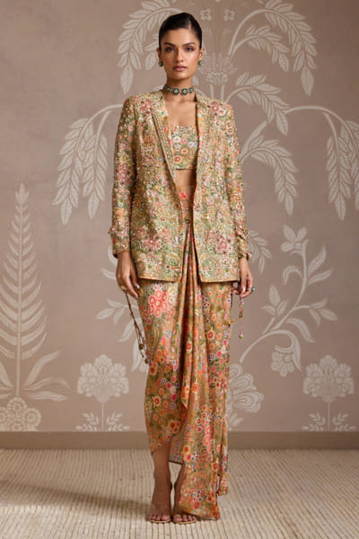 Olive green embroidered and printed jacket set