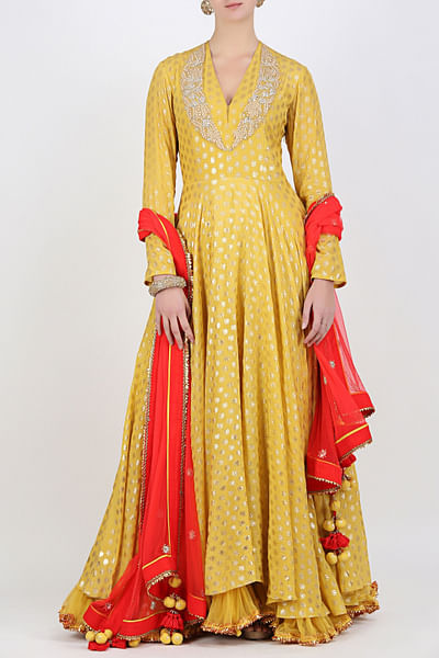 Yellow printed kalidar with churidar and red dupatta