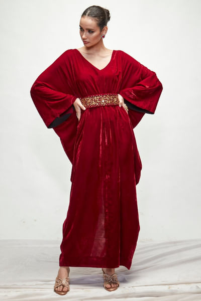 Maroon zardozi embroidered belted kaftan