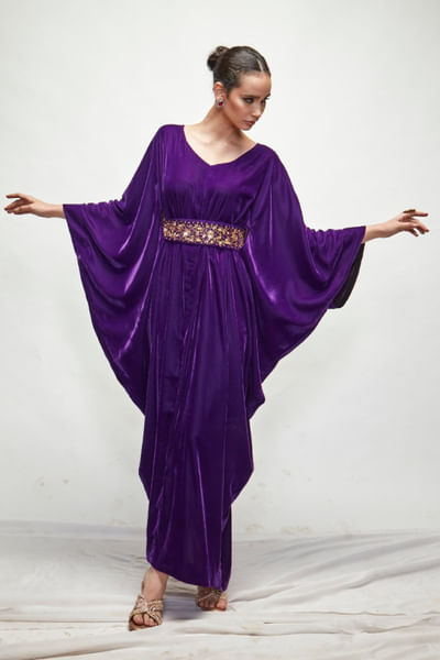 Violet zardozi embroidered belted kaftan