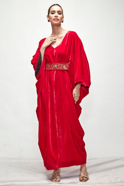Fuchsia zardozi embroidered belted kaftan