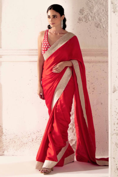 Red gota woven silk satin sari set