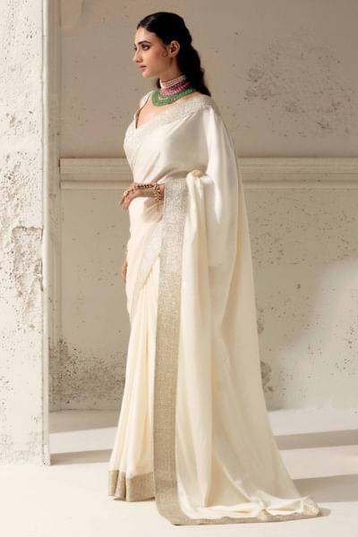 Ivory gota woven silk satin sari set