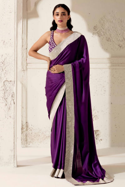 Purple gota woven silk satin sari set