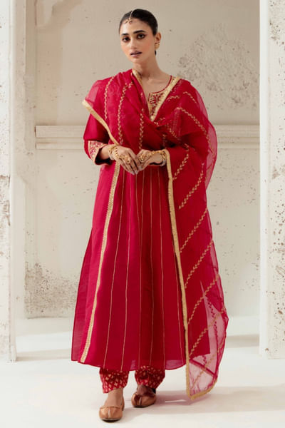 Red floral hand embroidered kalidar kurta set