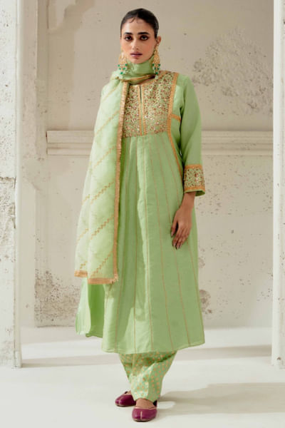 Mint green floral embroidery kalidar kurta set