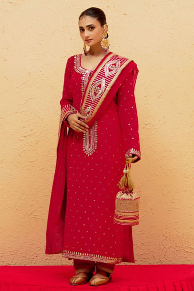 Red gota patti hand embroidered kurta set