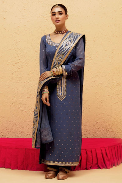 Cobalt blue gota hand embroidered kurta set