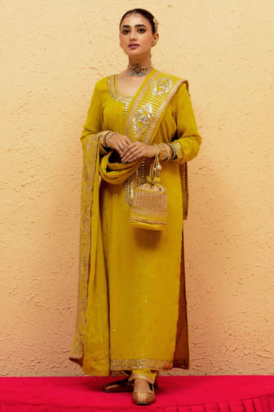 Citrine yellow gota hand embroidered kurta set