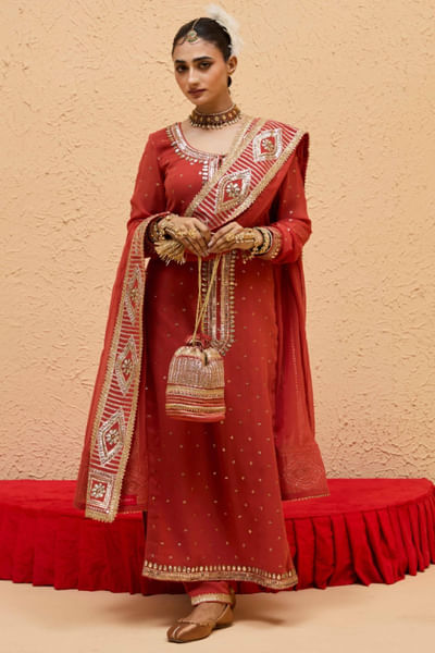 Rust orange gota hand embroidered kurta set