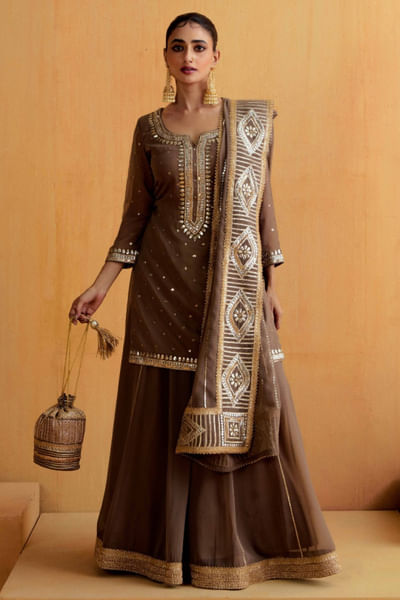 Mushroom gota embroidered kurta lehenga set